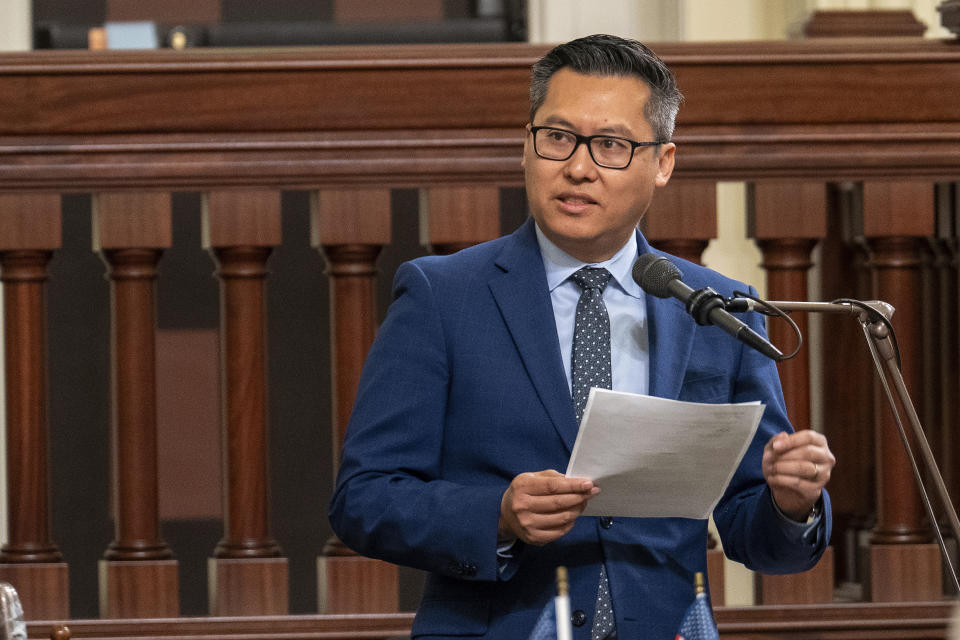 Assembly Vince Fong, vice chairman of the Assembly Budget Committee, Fiscal Review Committee, urges Assembly members to reject a measure to reduce the state budget deficit at the Capitol in Sacramento, Calif., Thursday,, April 11, 2024. Fong said the bill "only pushes the crisis into the future." Both houses approved the bill that takes a number of steps to reduce the state budget deficit by about $17 billion. Gov. Gavin Newsom has said the deficit is about $38 billion. (AP Photo/Rich Pedroncelli)