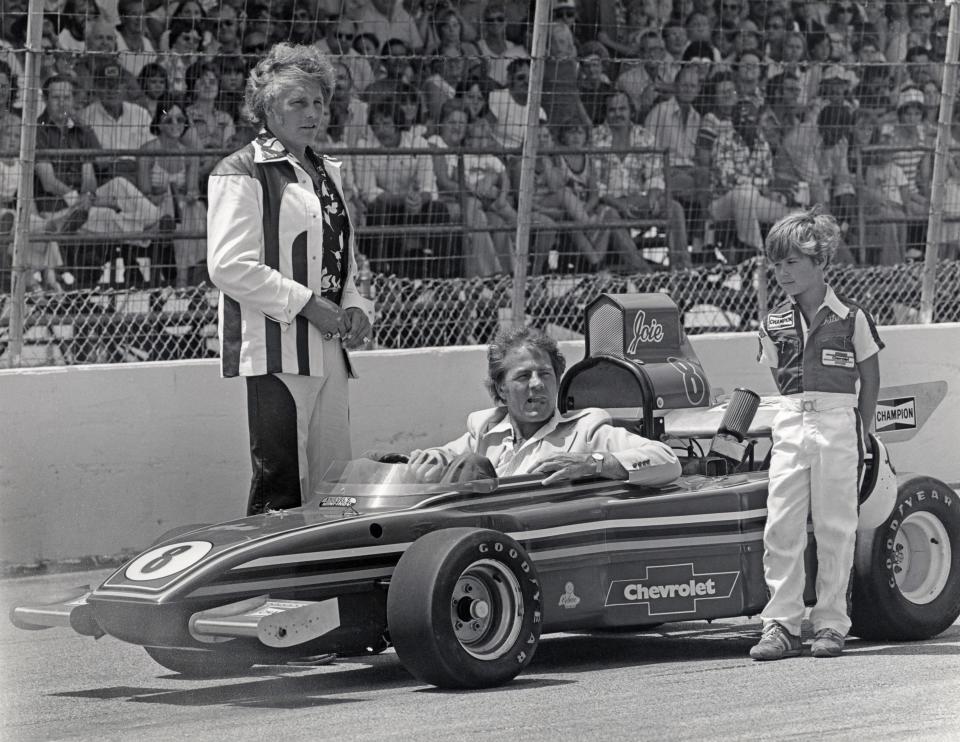 Photo from a "Wide World of Sports" segment in the 1970s has Joie Chitwood, 8, posing beside his go-kart with ABC sportscaster Frank Gifford sitting in the car and Evel Knievel standing next to it.