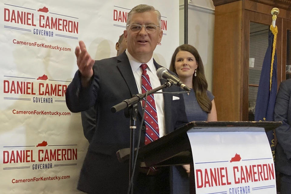 Kentucky state Sen. Robby Mills makes his introductory remarks after joining the GOP ticket with gubernatorial nominee Daniel Cameron on Wednesday, July 19, 2023 in Frankfort, Ky. (AP Photo/Bruce Schreiner)