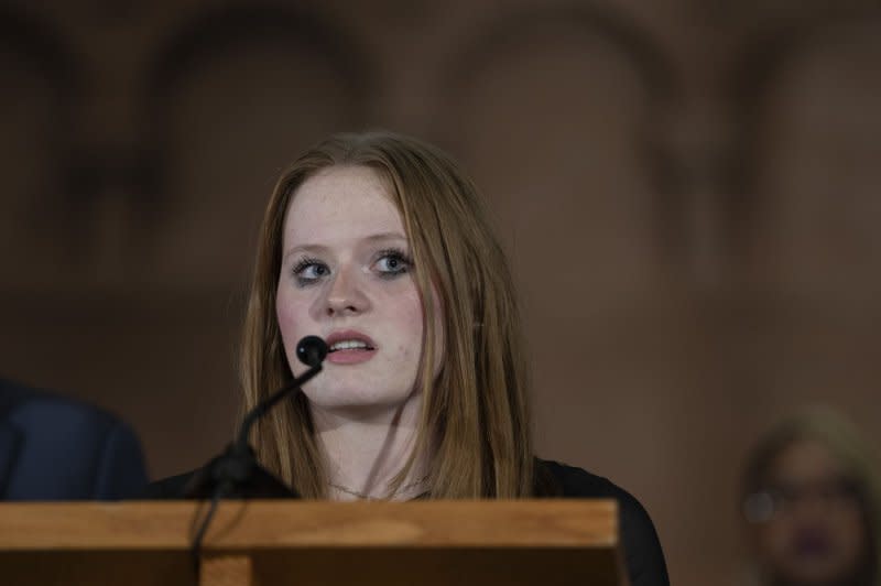 Sandy Hook survivor Jackie Hegarty speaks to other survivors and families impacted by gun violence at the 10th Annual National Vigil for All Victims of Gun Violence at St. Mark's Episcopal Church in Washington, D.C. in 2022. File Photo by Chris Kleponis/UPI