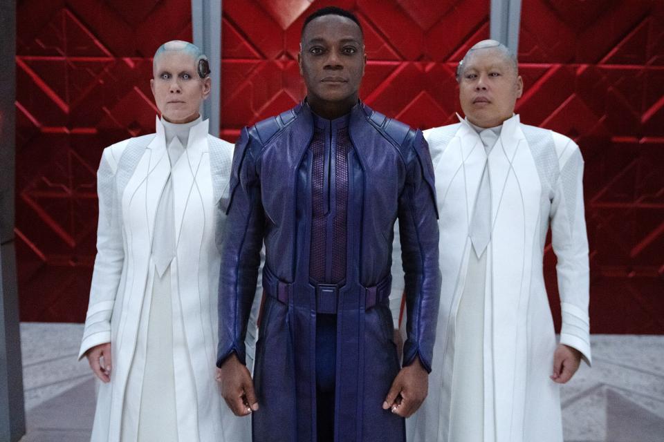 (L-R): Miriam Shor as Recorder Vim, Chukwudi Iwuji as The High Evolutionary, and Nico Santos as Recorder Theel in Marvel Studios' Guardians of the Galaxy Vol. 3. Photo by Jessica Miglio. © 2023 MARVEL.