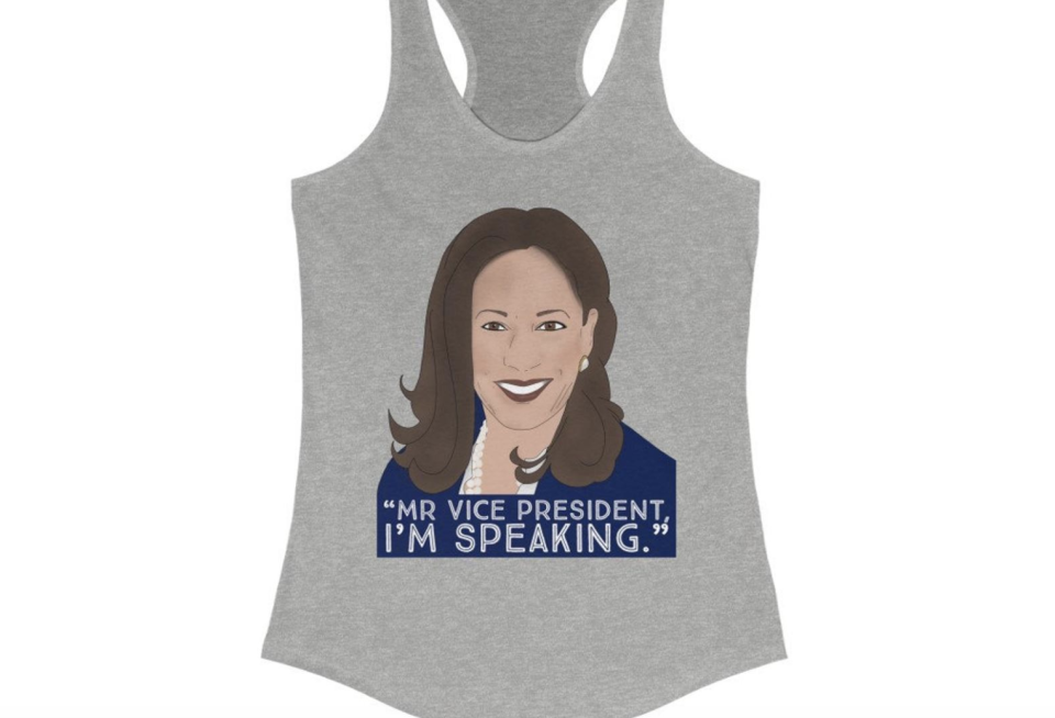 T-shirts displaying Kamala Harris’ words were being sold online within minutes (Screengrab)