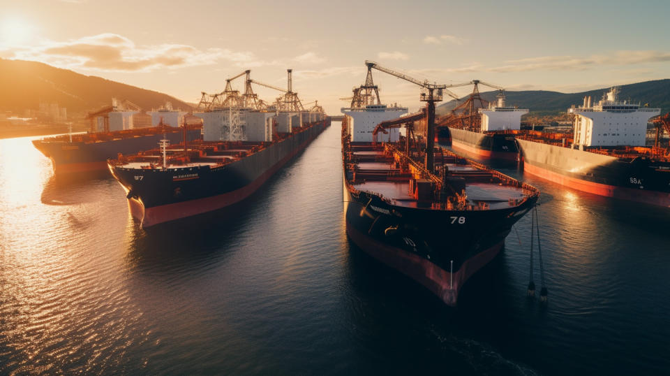 A line of oil tankers queuing up at a large port, loading or unloading their cargo for efficient delivery.