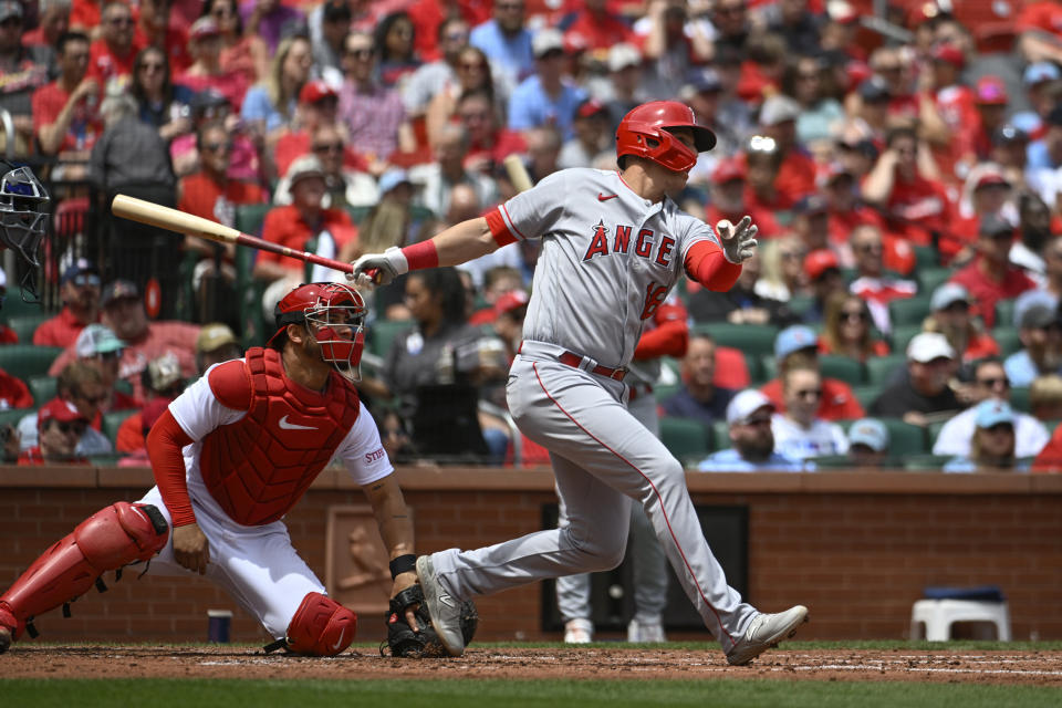 Los Angeles Angels' Jake Lamb watches his RBI single in the third inning of a baseball game against the St. Louis Cardinals, Thursday May 4, 2023, in St. Louis. (AP Photo/Joe Puetz)