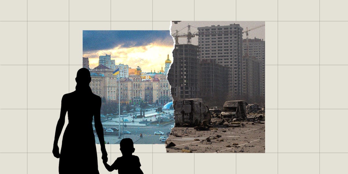 A image of Kyiv before the war partially covered by an image of Kyiv after with a silhouette of a woman and a child in the foreground