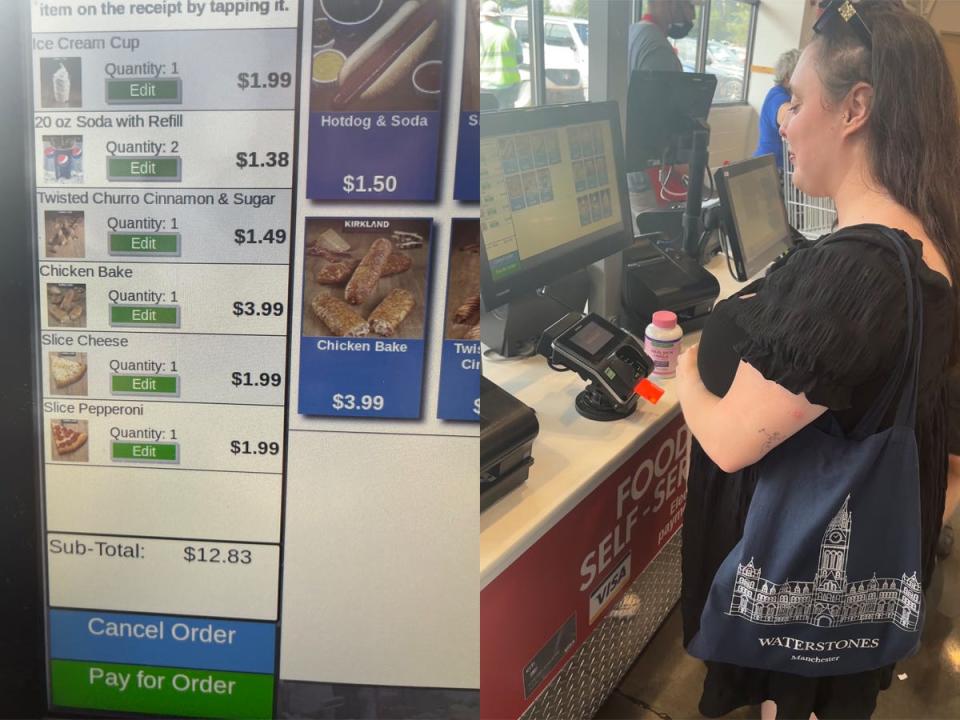 Picture of order at self-checkout station at Costco food court; Writer inserting card for payment at self-checkout at Costco
