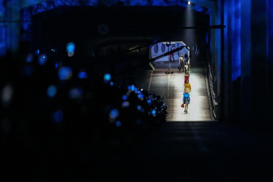 A model wears a creation for the Louis Vuitton Pre-Fall 2023 show in Seoul, South Korea, Saturday, April 29, 2023. (AP Photo/Lee Jin-man)