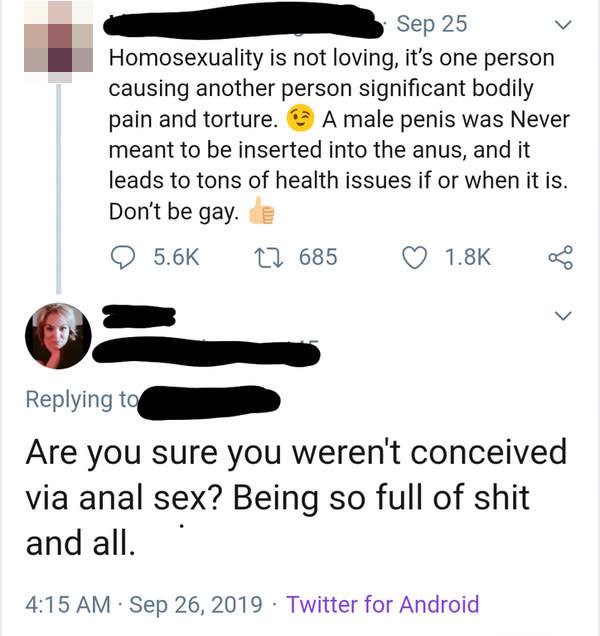 person who says anal sex is a sin and then another person says you must be concieved via anal