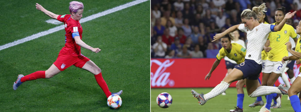 FILE - At left, in a June 11, 2019, file photo, United States' Megan Rapinoe kicks the ball during the Women's World Cup soccer match against Thailand at the Stade Auguste-Delaune in Reims, France. At right, in a June 23, 2019, file photo, France's Amandine Henry scores during the Women's World Cup round of 16 soccer match against Brazil at the Oceane stadium in Le Havre, France. On Friday, June 28, the United States and France will clash in a quarterfinal match. The match, while great for the sport, also means one of the favorites will be headed home on Saturday. (AP Photo/File)