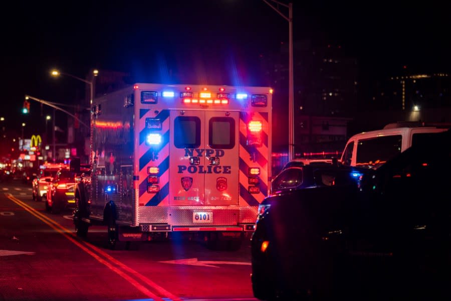 A New York City Police Department ambulance carrying the remains of Officer Jonathan Diller leaves Jamaica Hospital Medical Center in New York, late Monday, March 25, 2024. Diller was shot and killed during a traffic stop, Mayor Eric Adams said. (AP Photo/Jeenah Moon)