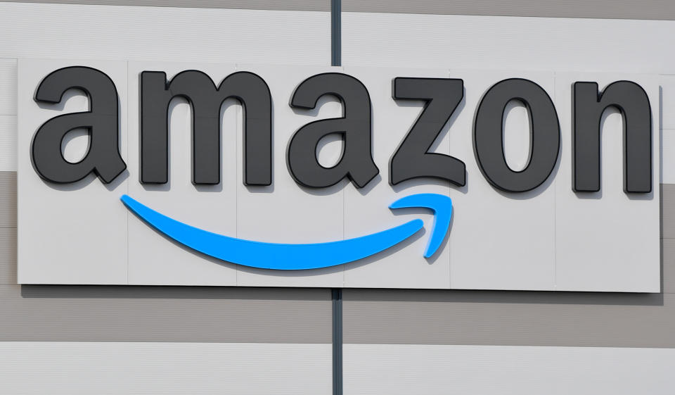 Photo shows Amazon sign.