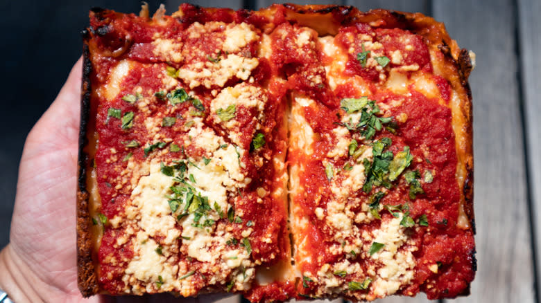 Hand Detroit-style pizza