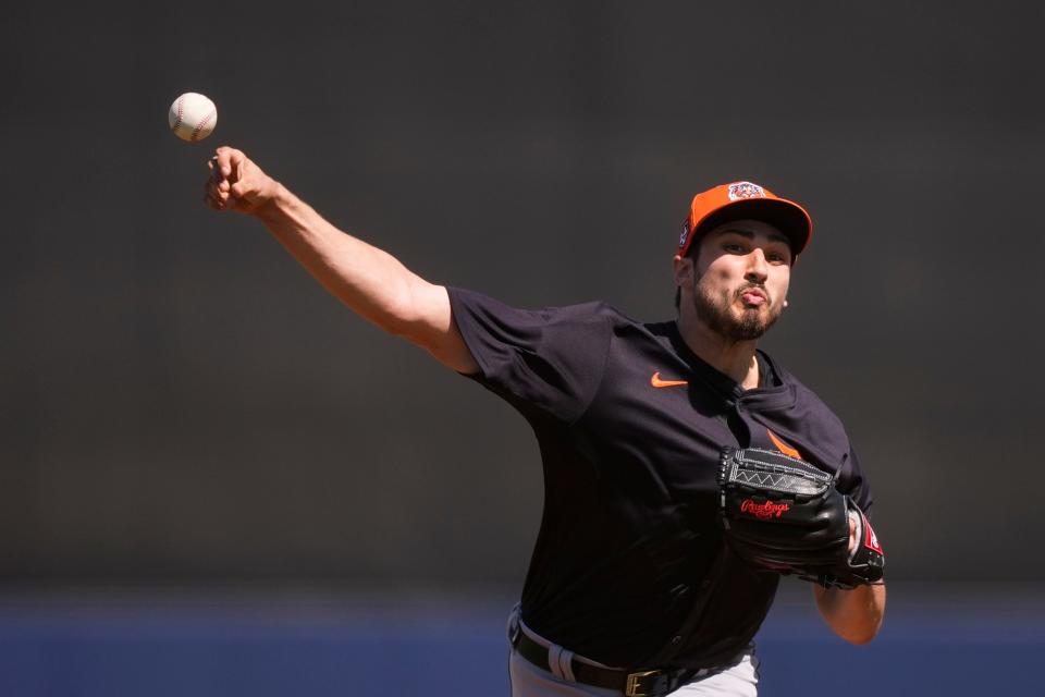 Detroit Tigers starting pitcher Alex Faedo throws in the first inning of a spring training baseball game against the Tampa Bay Rays at Charlotte Sports Park in Port Charlotte, Florida, on Sunday, Feb. 25, 2024.