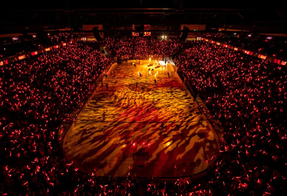 Coachella Valley Firebirds players take the ice in front of a sellout crowd before Game 7 of the Calder Cup Finals at Acrisure Arena in Palm Desert, Calif., Wednesday, June 21, 2023. 