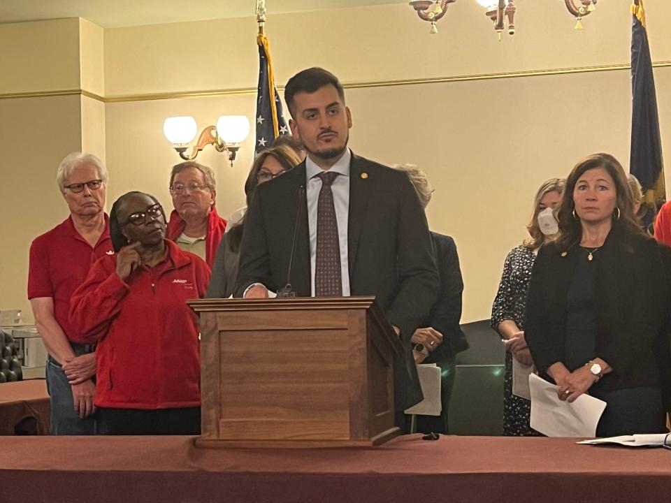 Sen. Darrin Camilleri, D-Brownstown Township, speaks during a press conference announcing legislation to create a Prescription Drug Affordability Board in Michigan on Tuesday, Sept. 12, 2023, at the Michigan Capitol in Lansing, Mich.