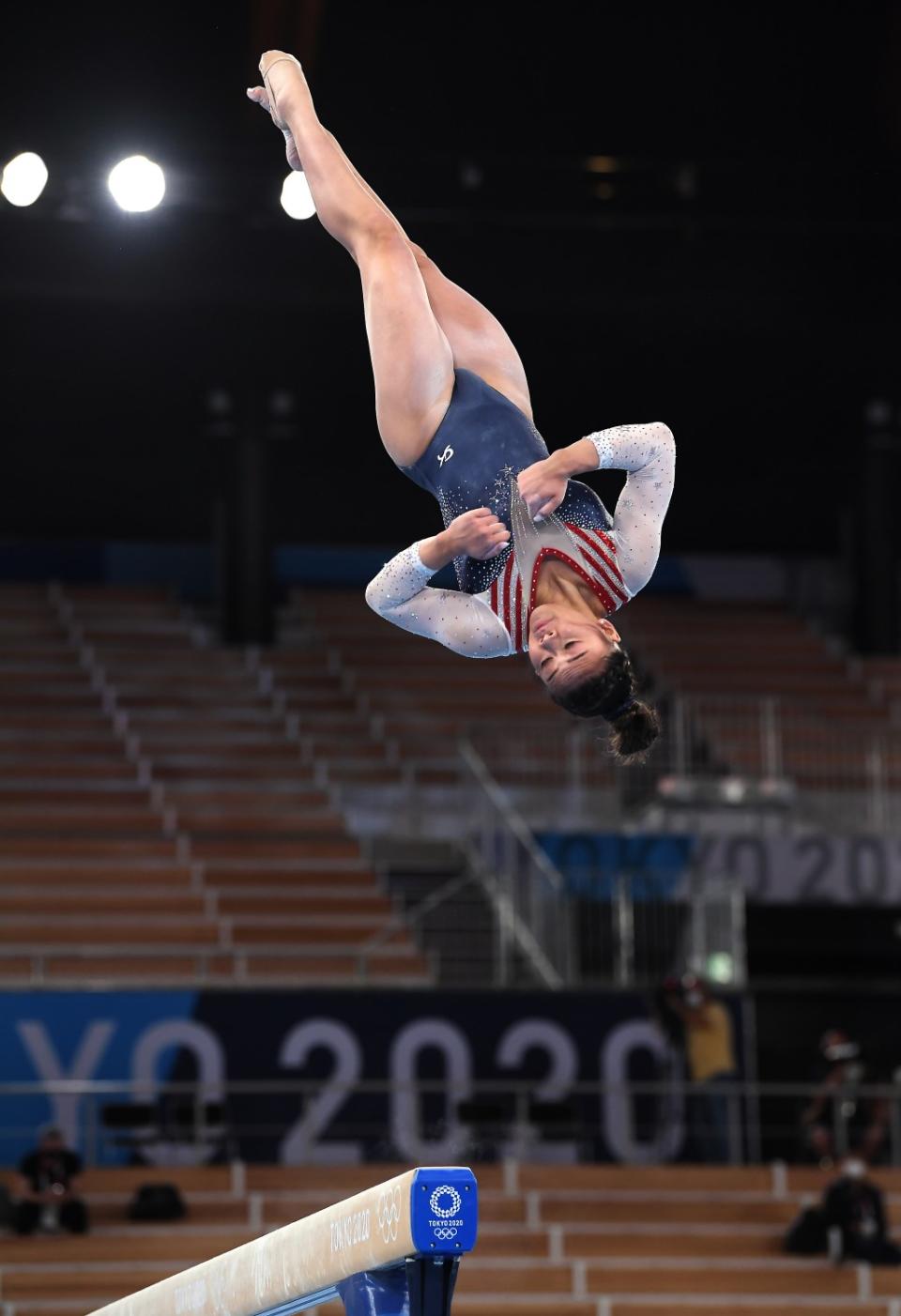 Suni Lee competes in women's gymnastics at the Tokyo Olympics.