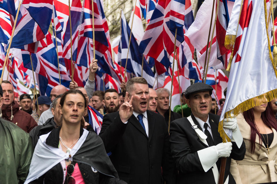 LONDON, UNITED KINGDOM - APRIL 01: Britain First Leader, Paul Golding (C) leads March Against Terrorism on April 01, 2017 in London, England. Supporters of far-right political movement Britain First gathered in central London to protest against Islam and Islamic terrorism in the wake of the recent Westminster terror attack. PHOTOGRAPH BY Wiktor Szymanowicz / Barcroft Images London-T:+44 207 033 1031 E:hello@barcroftmedia.com - New York-T:+1 212 796 2458 E:hello@barcroftusa.com - New Delhi-T:+91 11 4053 2429 E:hello@barcroftindia.com www.barcroftimages.com (Photo credit should read Wiktor Szymanowicz / Barcroft Im / Barcroft Media via Getty Images)