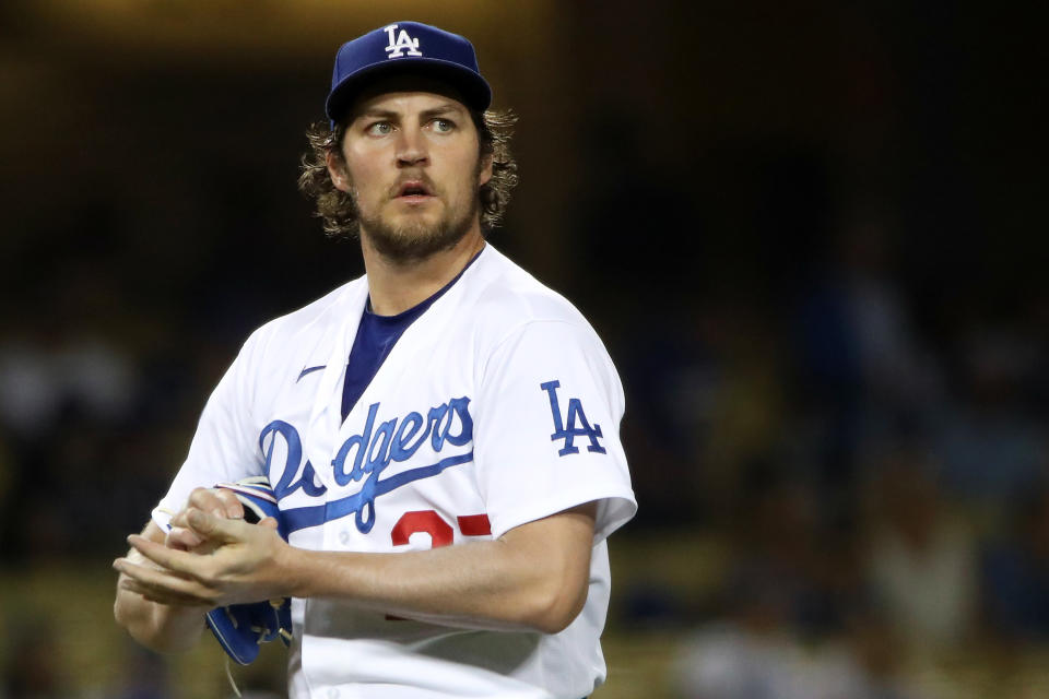 LOS ANGELES, CALIFORNIA - JUNE 12: Trevor Bauer #27 of the Los Angeles Dodgers looks on after giving up a hit to Joey Gallo #13 of the Texas Rangers during the fifth inning at Dodger Stadium on June 12, 2021 in Los Angeles, California. (Photo by Katelyn Mulcahy/Getty Images)