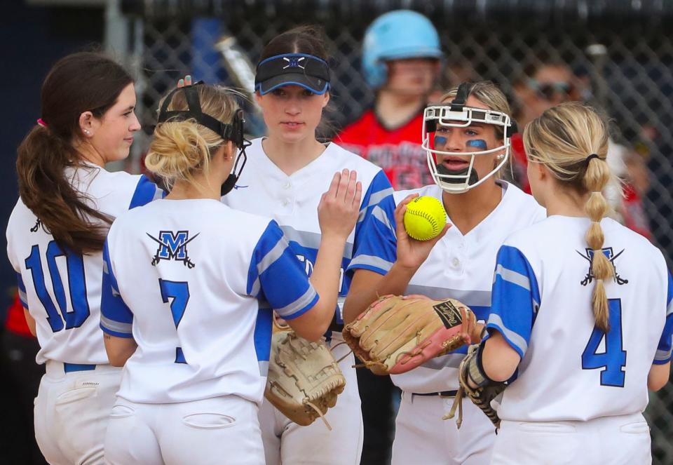 Middletown's (from left) Gabrielle Decker, Paige McGonigal, Kaylee Stenvik, Reese Founds and Erinn Muller are ready for the next out in the fourth inning of the Cavaliers' 1-0, extra innings win at Middletown High School, Thursday, March 23, 2023.