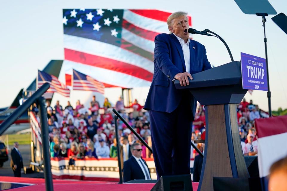 Former President Donald Trump speaks at a campaign rally at Waco Regional Airport (Copyright 2023 The Associated Press. All rights reserved)