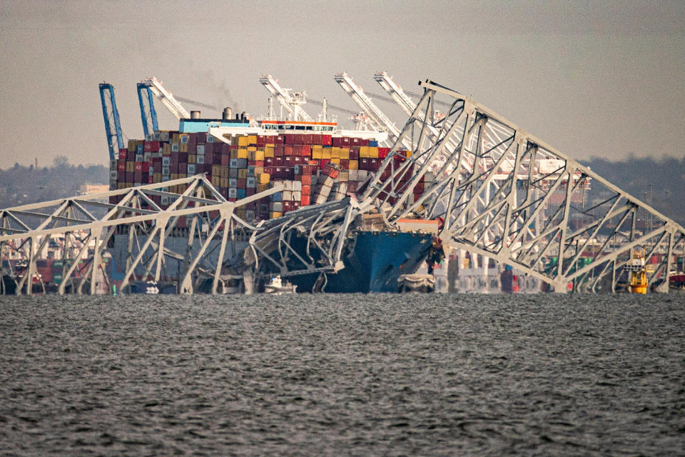 The Dali container ship after hitting the Francis Scott Key Bridge collapsed into the Patapsco River in Baltimore in March.  (Al Drago/Bloomberg via Getty Images archive)