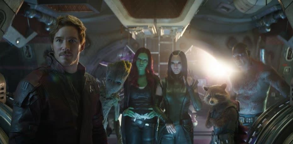 Star-Lord (Chris Pratt), Groot (Vin Diesel), Gamora (Zoe Saldana),&nbsp;Mantis (Pom Klementieff), Rocket (Bradley Cooper) and Drax (Dave Bautista) in "Avengers: Infinity War." (Photo: Marvel and Disney)