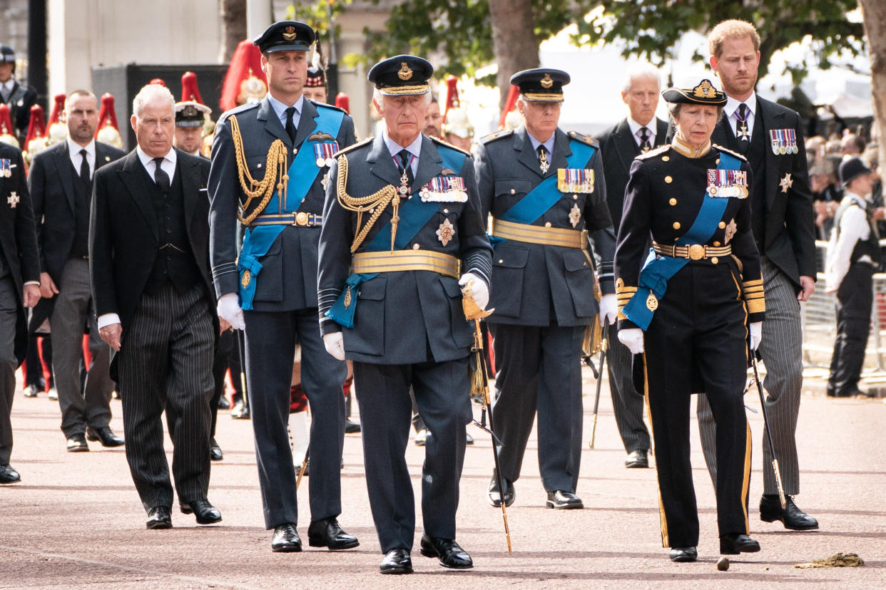 Members of the Royal Family, (left to right) Earl of Snowden, the Prince of Wales, King Charles III, the Duke of Gloucester, the Princess Royal, and the Duke of Sussex follow the coffin of Queen Elizabeth II as it is carried on a horse-drawn gun carriage of the King's Troop Royal Horse Artillery, during the ceremonial procession from Buckingham Palace to Westminster Hall, London, where it will lie in state ahead of her funeral on Monday. Picture date: Wednesday September 14, 2022.