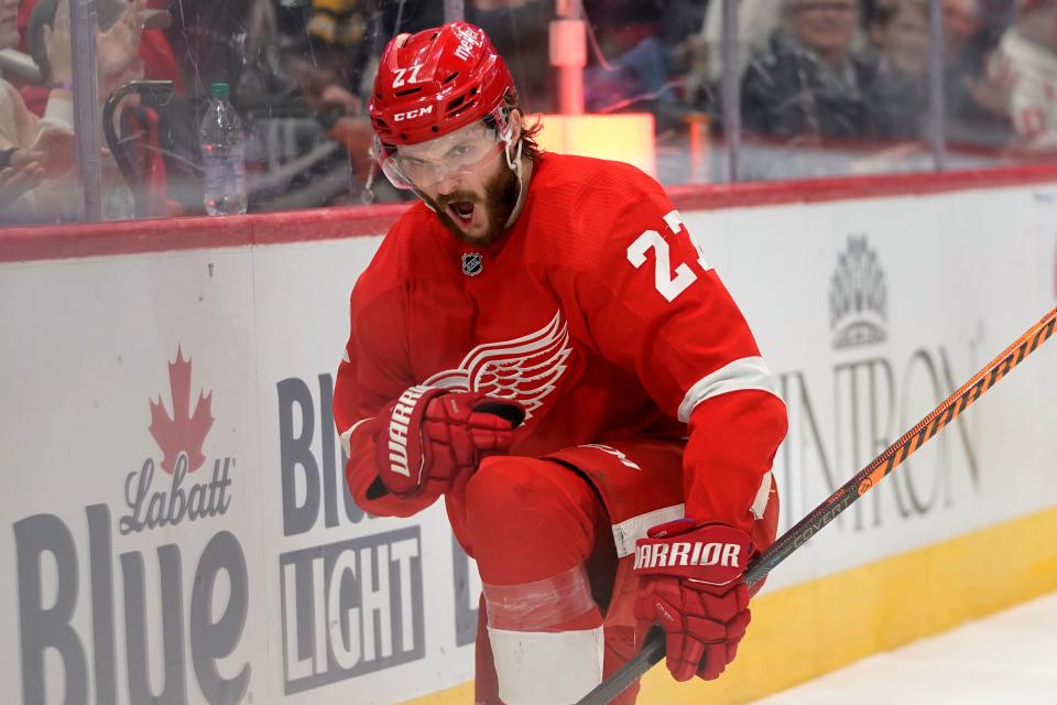 Red Wings center Michael Rasmussen celebrates his goal against the Bruins in the second period on Tuesday, April 5, 2022, at Little Caesars Arena.