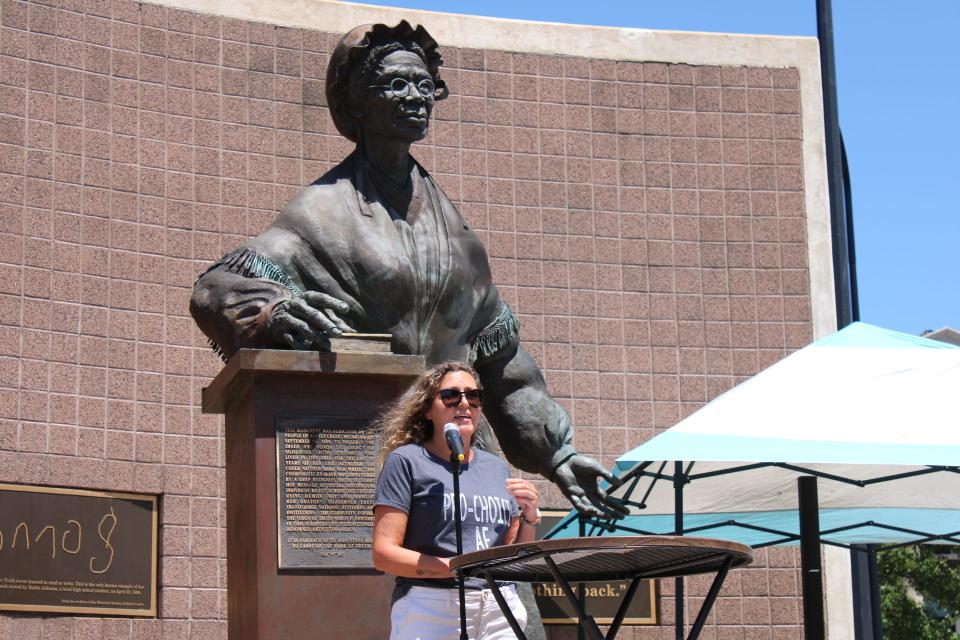 Battle Creek Ward 4 City Commissioner Kathy Szenda Wilson speaks during a reproductive rights rally Saturday, July 9, 2022, at the Sojourner Truth Monument in Battle Creek, Michigan.