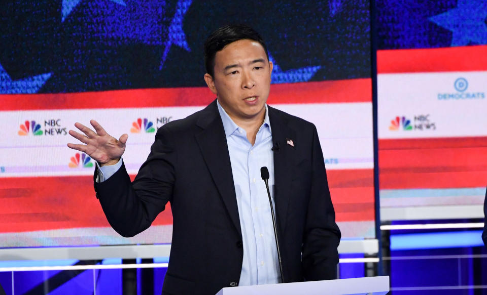 Democratic presidential hopeful US entrepreneur Andrew Yang speaks in the second Democratic primary debate of the 2020 presidential campaign season hosted by NBC News at the Adrienne Arsht Center for the Performing Arts in Miami, Florida, June 27, 2019. | Saul Loeb—AFP/Getty Images