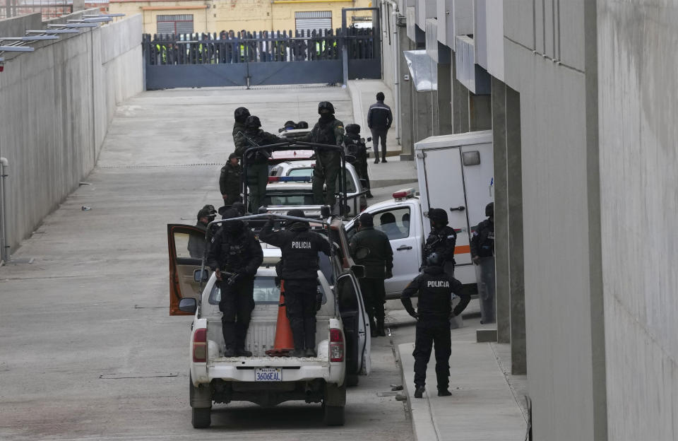 Police guard at the Del Sur Hospital entrance after Luis Fernando Camacho, the opposition governor of Bolivia's most prosperous region, was taken there for tests in El Alto, Bolivia, Wednesday, Sept. 6, 2023. Camacho was taken to the hospital after his health deteriorated during pre-trial detention in a prison where he has been serving since Dec. 2022 for alleged sedition and terrorism. (AP Photo/Juan Karita)