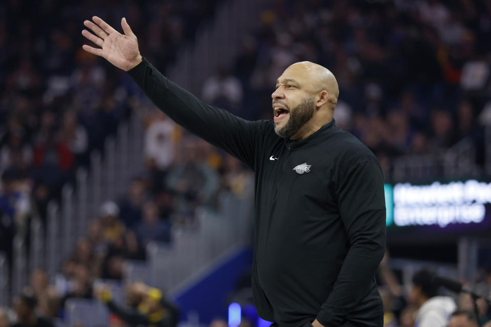 Los Angeles Lakers head coach Darvin Ham gestures to his players against the Golden State Warriors during the first half of an NBA basketball game in San Francisco, Saturday, Feb. 11, 2023. (AP Photo/Jed Jacobsohn)