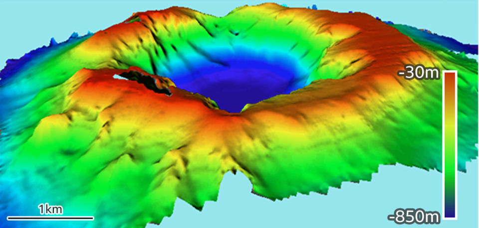 A survey map showing the new depth of Hunga Tonga's volcano. The centre reaches more than 800m, compared to 150m in 2015.