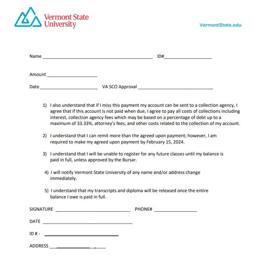 The emergency loan application that veteran and military-connected students of Vermont State University could fill out to receive payment for living expenses they expected to receive through the VA, but hadn't yet. The school system had yet to be approved to serve veteran students on Dec. 1, 2023 after attempting to gain approval since July. As a result, students hadn't received monthly stipends that many used to pay for housing and bills, in addition to their tuition remaining unpaid.