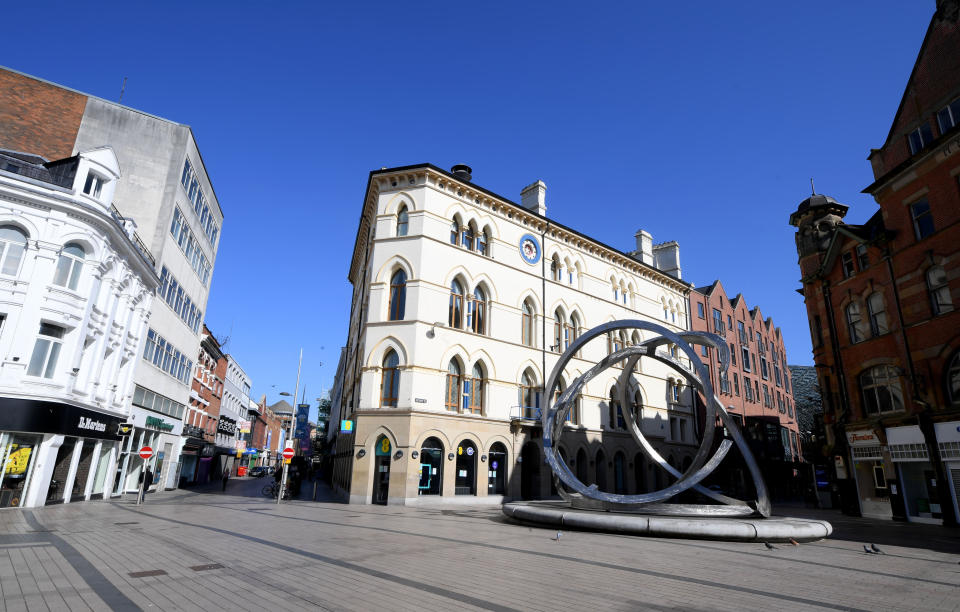 An empty Victoria Square in Belfast, as the UK continues in lockdown to help curb the spread of the coronavirus.