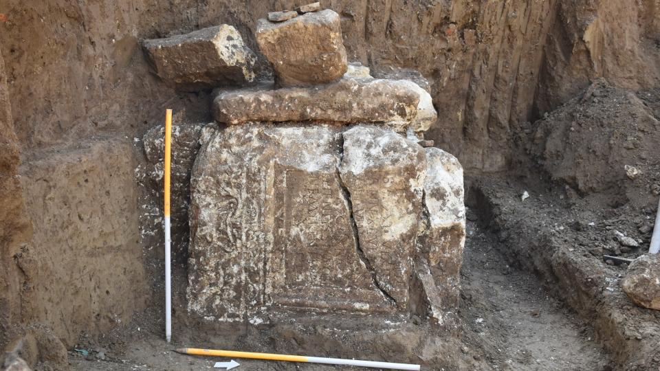 This Roman-era tombstone from the site has an inscription in Latin, which hasn't yet been fully read.