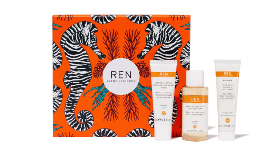 Glow all out this season with Ren Skincare's bestselling brightness-boosting formula. This set features the famous Ready Steady Glow Daily AHA Tonic, plus Glycol Lactic Radiance Renewal Mask and Glow Daily Vitamin C Gel Cream to achieve a glowing complexion for party season. <a href="https://fave.co/2mDD5j4" rel="noopener" target="_blank" data-ylk="slk:Shop now;elm:context_link;itc:0;sec:content-canvas" class="link ">Shop now</a>.