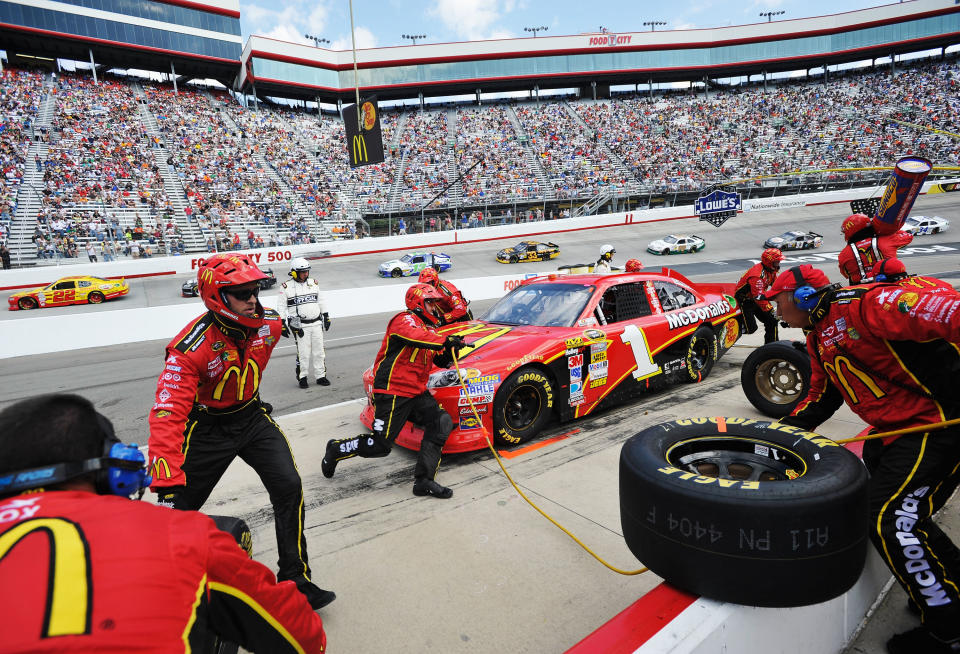 BRISTOL, TN - MARCH 18: Jamie McMurray, driver of the #1 McDonald's Chevrolet, pits during the NASCAR Sprint Cup Series Food City 500 at Bristol Motor Speedway on March 18, 2012 in Bristol, Tennessee. (Photo by Rainier Ehrhardt/Getty Images for NASCAR)