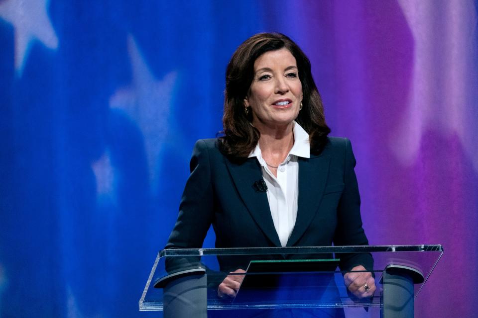 New York Gov. Kathy Hochul speaks during a New York governor primary debate at the studios of WNBC4-TV, June, 16, 2022, in New York.