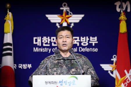 First Deputy Director of Operations in Joint Chief of Staff (JCS) Jeon Dong-jin speaks during a news conference at the Defence Ministry in Seoul, South Korea, February 12, 2017. Yonhap via REUTERS