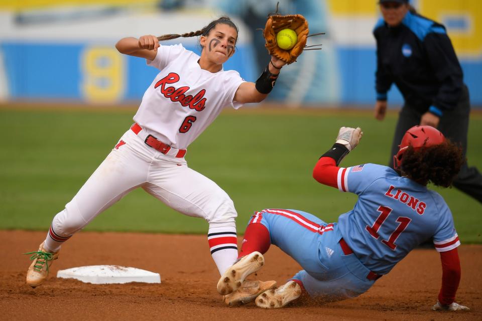 Ole Miss infielder Mikayla Allee (6) forces out LMU (CA) utility Jasmine Sofowora (11) during an NCAA softball game on Friday, May 20, 2022, in Los Angeles. (AP Photo/John McCoy)