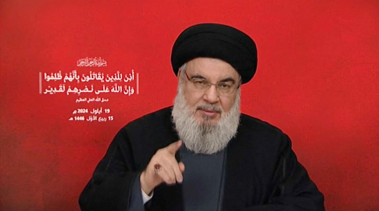 Hezbollah leader Sayyed Hassan Nasrallah gives a televised address, Lebanon, September 19, 2024, in this screenshot taken from a video. Al-Manar TV via REUTERS THIS IMAGE HAS BEEN SUPPLIED BY A THIRD PARTY. NO RESALES. NO ARCHIVES