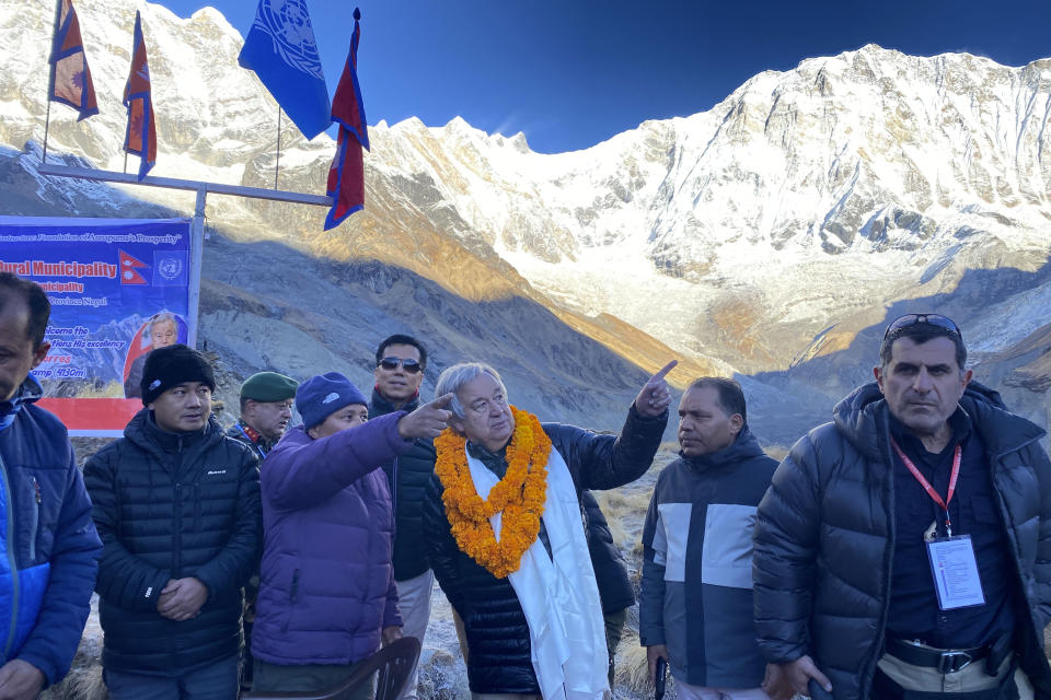 U.N. Secretary-General António Guterres visits Annapurna base camp, around 3,230 metres (10,600 feet) above sea level in Nepal, Tuesday, Oct. 31, 2023. (AP Photo/Yunish Gurung)