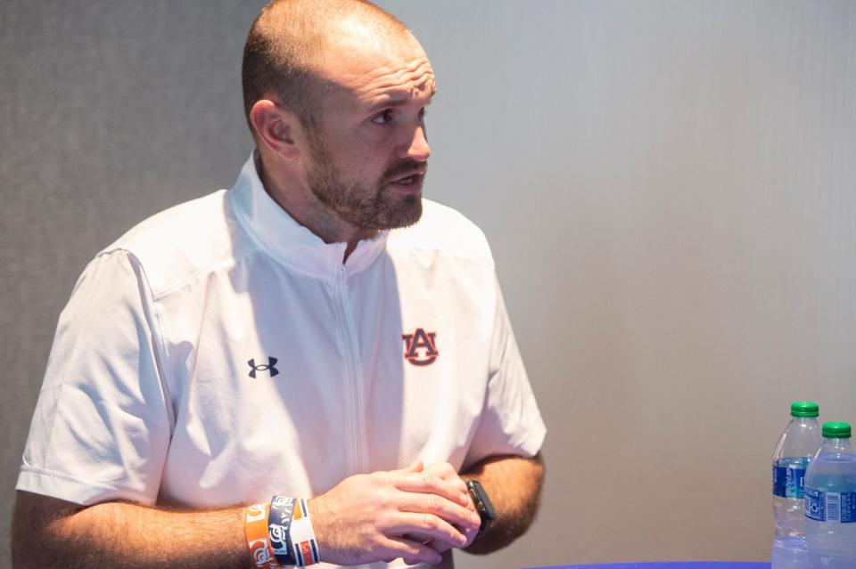 Auburn linebackers coach Josh Aldridge is interviewed at the Woltosz Football Performance Center in Auburn, Ala., on Thursday, Feb. 1, 2023.