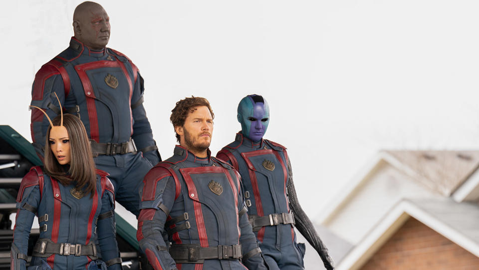 (L-R): Pom Klementieff as Mantis, Dave Bautista as Drax, Chris Pratt as Peter Quill/Star-Lord, and Karen Gillan as Nebula in Marvel Studios' Guardians of the Galaxy Vol. 3