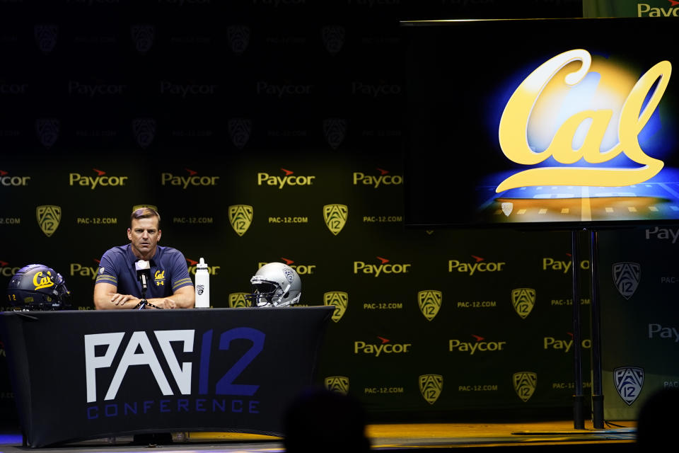 California coach Justin Wilcox speaks during the Pac-12 Conference NCAA college football media day Friday, July 29, 2022, in Los Angeles. (AP Photo/Damian Dovarganes)