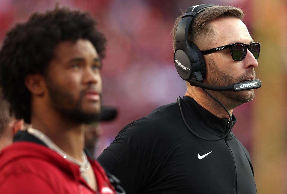 Head coach Kliff Kingsbury and Kyler Murray of the Arizona Cardinals look on during the second half against the San Francisco 49ers at Levi's Stadium on November 07, 2021 in Santa Clara, California.