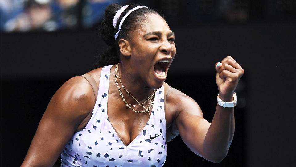 Serena Williams celebrate4s after winning a point at the US Open.