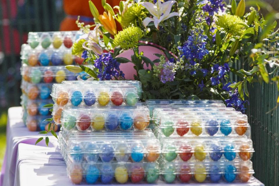 Colorful eggs await the throngs of children attending the annual White House Easter Egg Roll, Monday, April 21, 2014, on the South Lawn of the White House in Washington. Thousands of children are gathering at the White House for the annual Easter Egg Roll. President Barack Obama and first lady Michelle Obama will kick off the festivities on the White House South Lawn. This year's event features live music, cooking stations, storytelling, and of course, some Easter egg rolling. (AP Photo/J. Scott Applewhite)