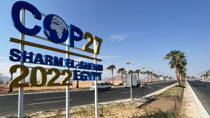 View of a COP27 sign on the road leading to the conference area in Egypt's Red Sea resort of Sharm el-Sheikh town as the city prepares to host the COP27 summit next month, in Sharm el-Sheikh, Egypt October 20, 2022. (Sayed Sheasha/Reuters)